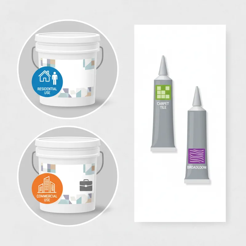 A clear infographic or collage showing different types of carpet adhesive containers (buckets, tubes) with small icons representing their typical uses