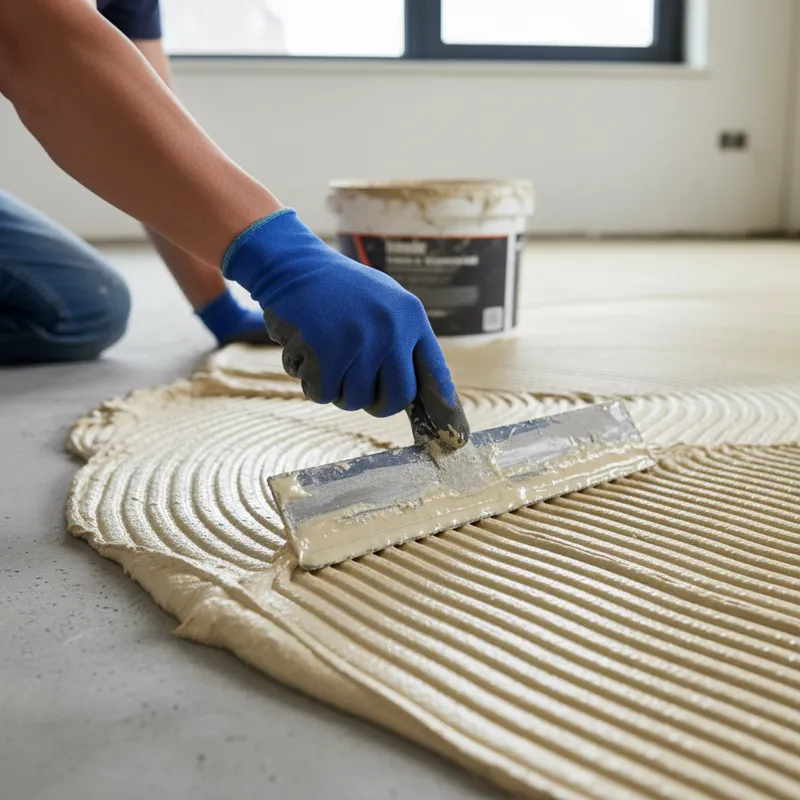 A close-up shot of a worker applying carpet adhesive to a subfloor using a notched trowel, with the adhesive spread evenly.