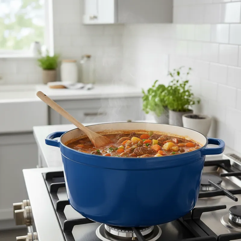 A well-lit, professional photograph showcasing an enameled cast iron casserole (Dutch oven style) on a stovetop, simmering a hearty stew, with steam g