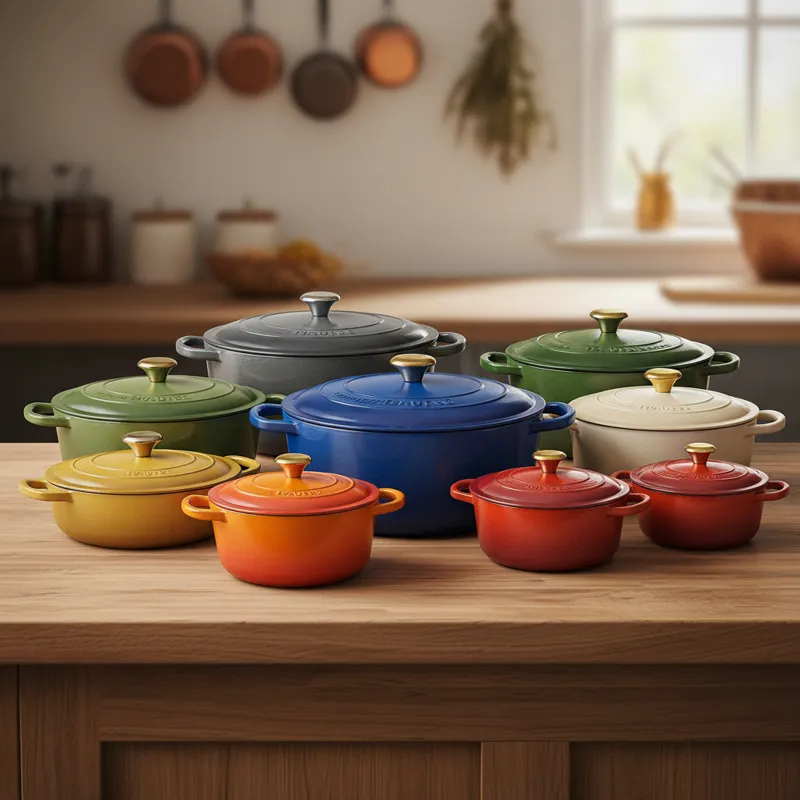 A comparison shot of various cast iron casseroles in different sizes, shapes (round, oval, braiser), and colors, neatly arranged on a wooden counterto