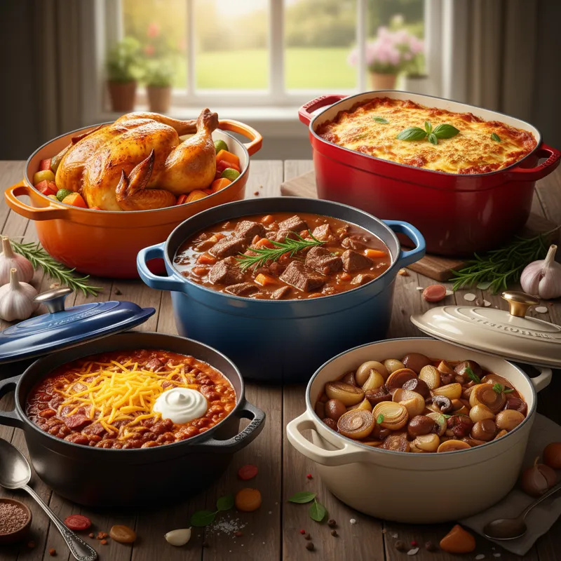 A vibrant collage showcasing five distinct cast iron casserole types: a classic round enameled Dutch oven, a wide enameled braiser, a rugged bare cast