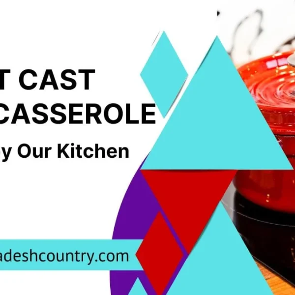 Promotional banner featuring a vibrant red cast iron casserole dish (Dutch oven) on a modern stovetop, with overlay text: '5 BEST CAST IRON CASSEROLE Tested by Our Kitchen Lab.' The website www.bangladeshcountry.com is also displayed.