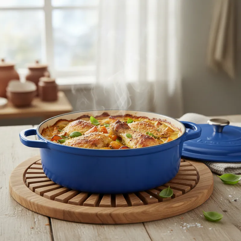 A beautifully prepared casserole in an enameled cast iron dish, steaming gently on a wooden trivet on a kitchen counter, with soft, diffused lighting.