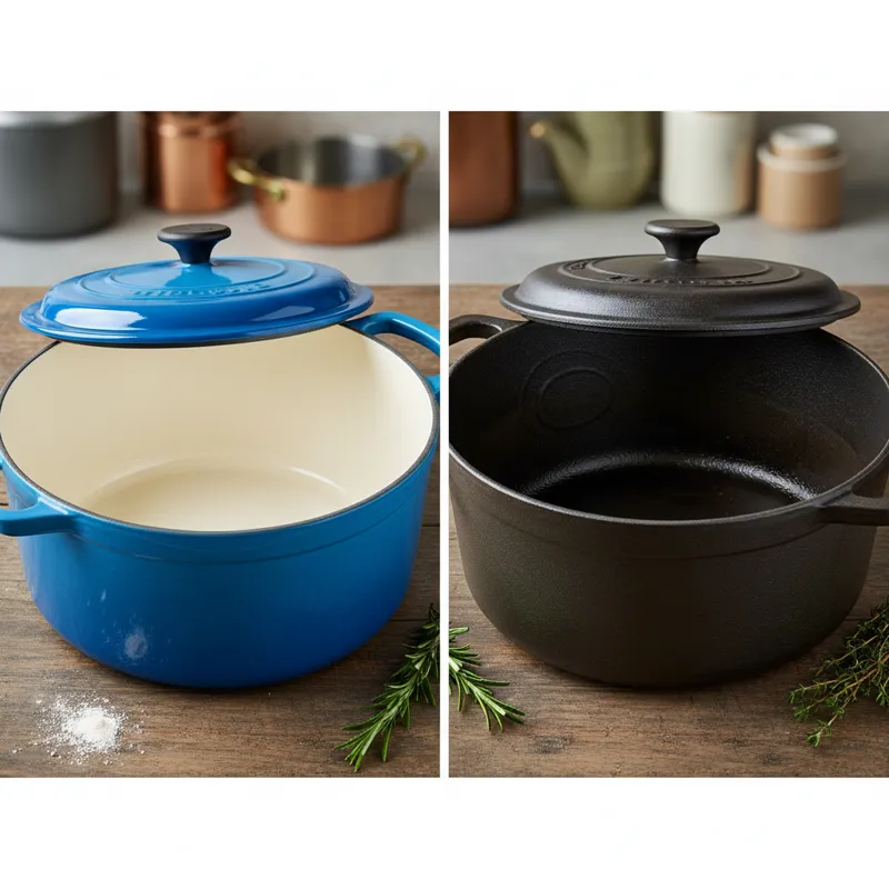 A side-by-side comparison shot of two cast iron casserole dishes: one beautifully enameled in a vibrant color, and the other a seasoned, bare cast iro
