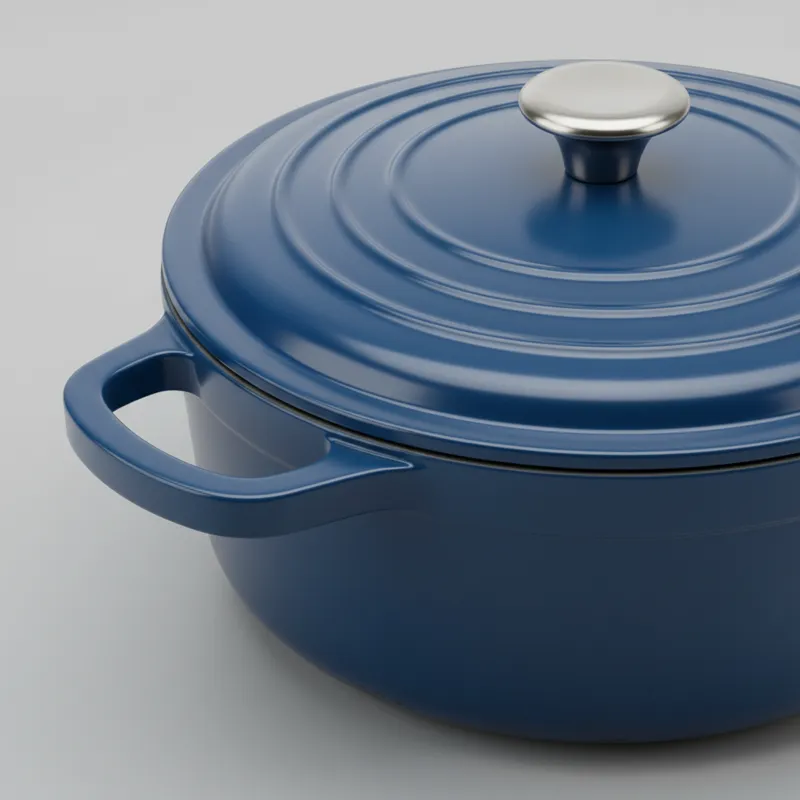 A close-up, detailed shot showcasing the key features of an enameled cast iron casserole dish: a sturdy, comfortable handle, a tight-fitting lid with