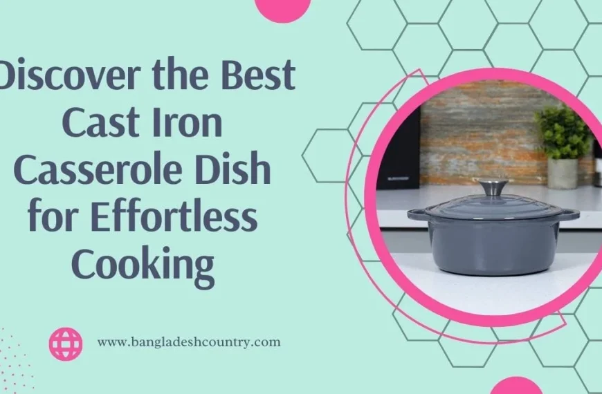 A gray cast iron casserole dish with a lid on a kitchen counter, accompanied by the text 'Discover the Best Cast Iron Casserole Dish for Effortless Cooking'.