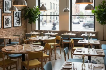 A modern rustic wooden casual dining room table with comfortable chairs, set for everyday family meals and relaxed gatherings.