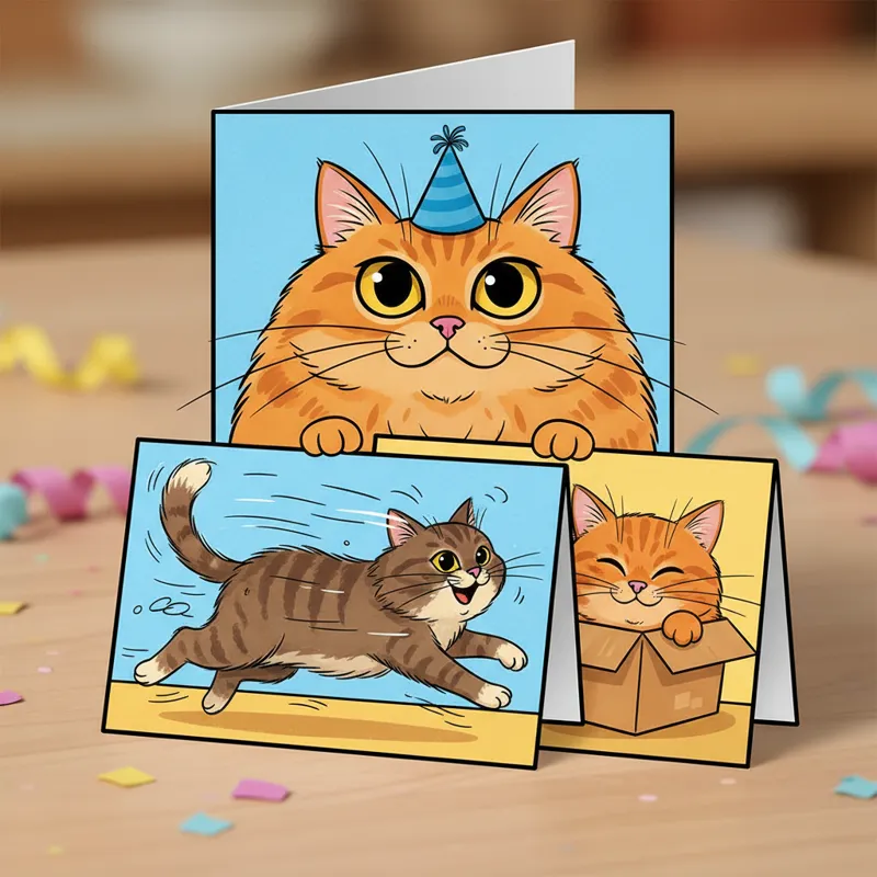 Close-up on a stack of various cat birthday cards. One card prominently features a cartoon cat with wide, judging eyes and a tiny, ill-fitting party h