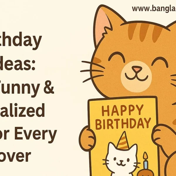 A cartoon orange tabby cat with a happy expression holding a yellow 'HAPPY BIRTHDAY' card that features a white cat in a party hat and a cupcake. Text on the left reads: 'Cat Birthday Card Ideas: Cute, Funny & Personalized Picks for Every Cat Lover'.