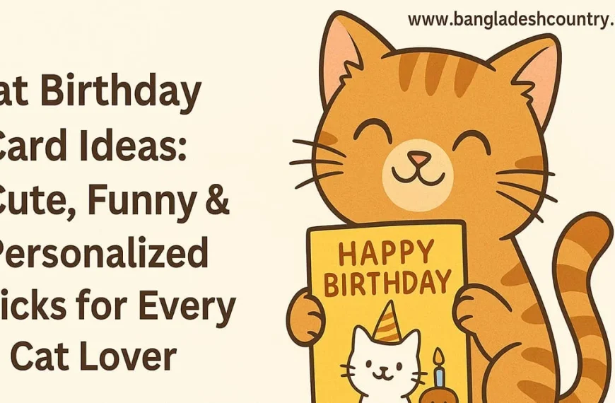 A cartoon orange tabby cat with a happy expression holding a yellow 'HAPPY BIRTHDAY' card that features a white cat in a party hat and a cupcake. Text on the left reads: 'Cat Birthday Card Ideas: Cute, Funny & Personalized Picks for Every Cat Lover'.