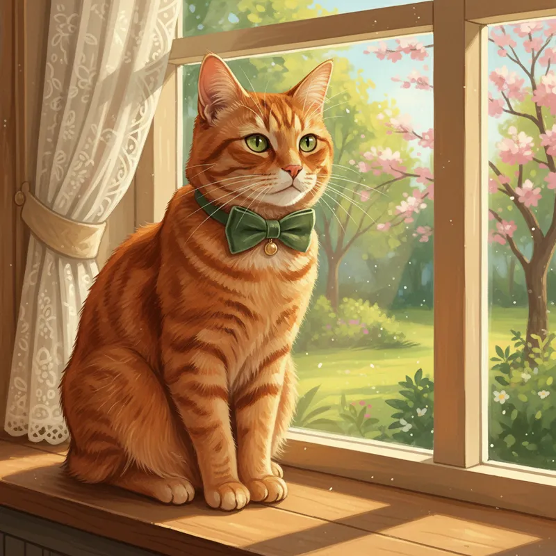 A charming ginger cat wearing a subtle, elegant bow tie, sitting confidently on a windowsill with soft natural light, looking out contentedly.