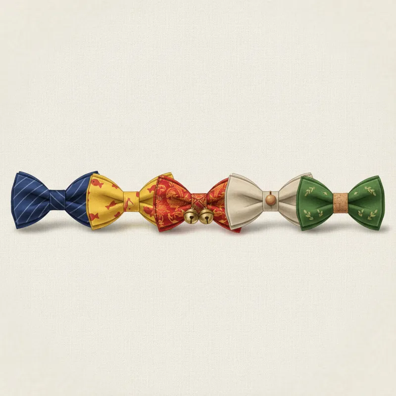 A collage of five different cat bow ties, each distinct in style (e.g., classic, playful, festive, minimalist, eco-friendly), laid out neatly against