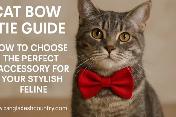 A stylish gray tabby cat wearing a red bow tie, with text on the left reading 'CAT BOW TIE GUIDE: HOW TO CHOOSE THE PERFECT ACCESSORY FOR YOUR STYLISH FELINE' and 'www.bangladeshcountry.com'.