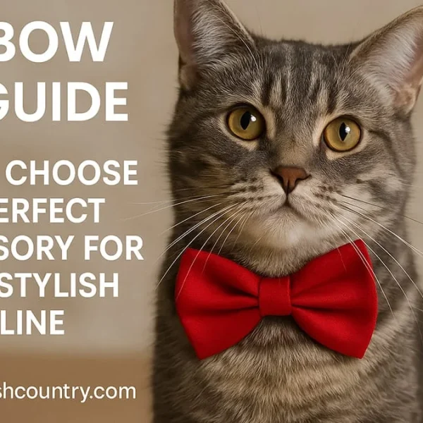 A stylish gray tabby cat wearing a red bow tie, with text on the left reading 'CAT BOW TIE GUIDE: HOW TO CHOOSE THE PERFECT ACCESSORY FOR YOUR STYLISH FELINE' and 'www.bangladeshcountry.com'.