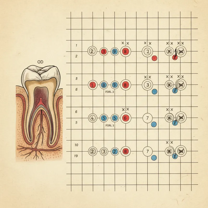A close-up image of a detailed, partially filled cat dental chart with various notations and a diagram of cat teeth.