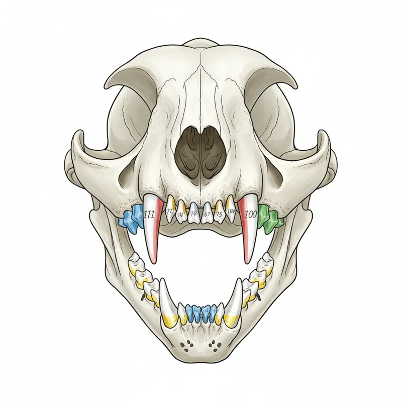 An anatomical diagram of a cat's skull showing the different types of teeth (incisors, canines, premolars, molars) and their typical numbering.