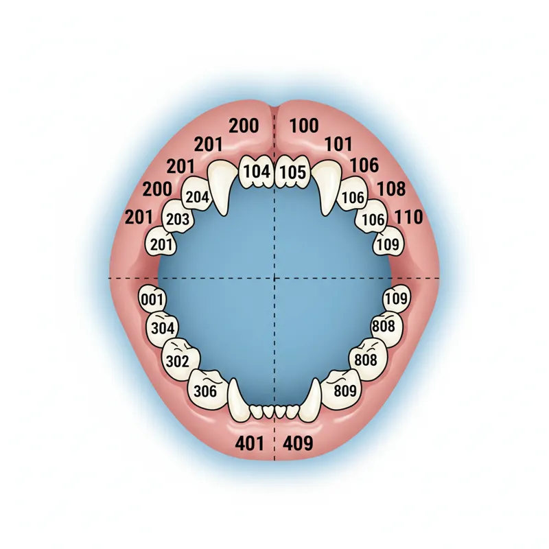 A simplified visual representation of the Modified Triadan System applied to a cat's dental quadrants, clearly showing how teeth are numbered.
