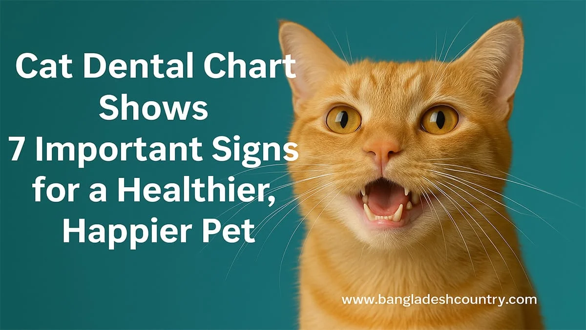 A close-up of an orange tabby cat with its mouth open, showing teeth, next to text on a teal background. The text reads 'Cat Dental Chart Shows 7 Important Signs for a Healthier, Happier Pet'.
