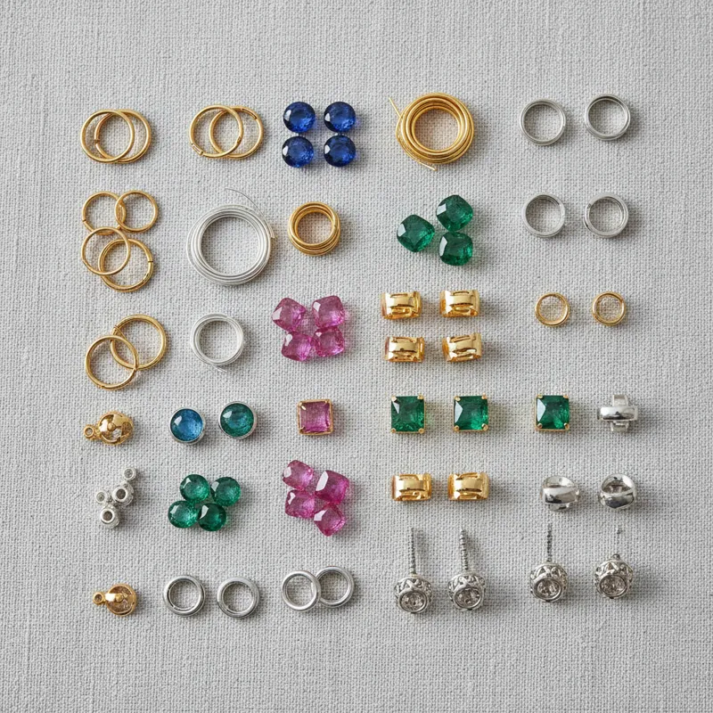 A detailed flat lay of various small jewelry components, including gold and silver findings, tiny polished gemstones, and different earring backings (