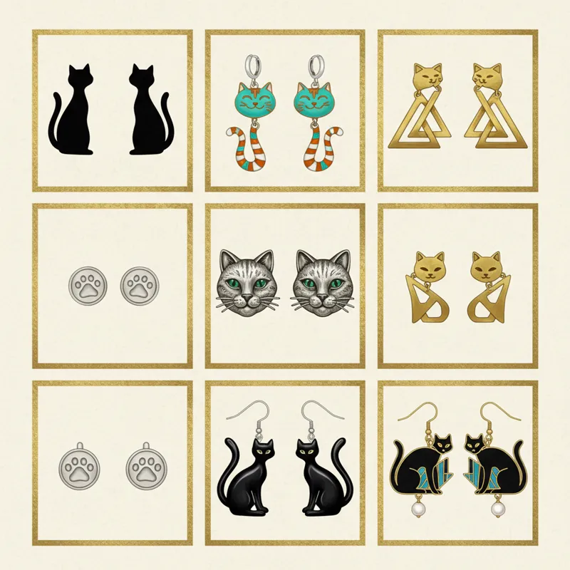 A collage image featuring seven distinct cat earring styles, each in its own small frame: classic silhouette studs, whimsical enamel dangles, highly d