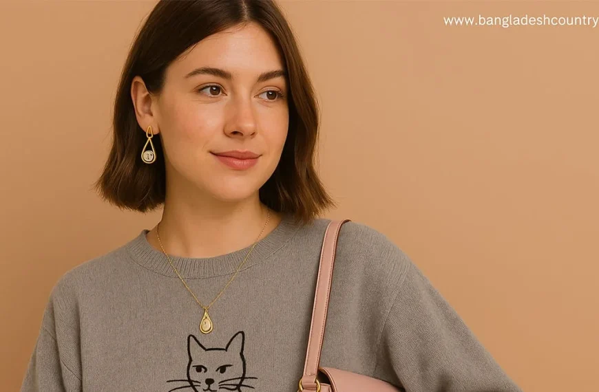 Smiling woman in a grey sweater with a black cat design, featuring gold teardrop earrings and a matching necklace. A pink bag is visible.
