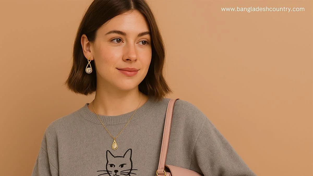 Smiling woman in a grey sweater with a black cat design, featuring gold teardrop earrings and a matching necklace. A pink bag is visible.