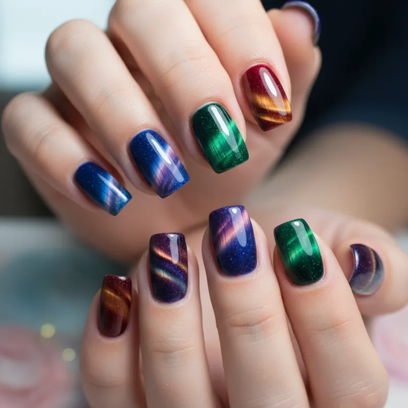 Close-up shot of hands with nails painted with various cat eye gel polish designs, showing different colors and the characteristic magnetic shimmer, w