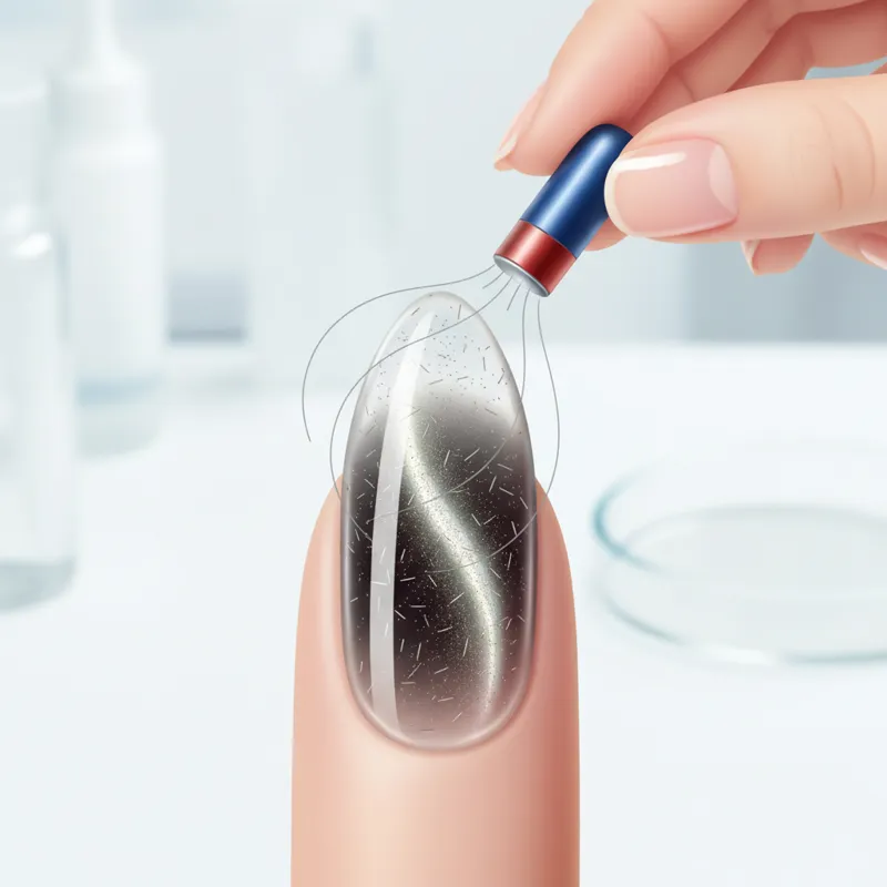 Diagram showing the layers of cat eye gel polish on a nail, with magnetic particles visible, and a hand holding a magnet above the wet polish, illustr