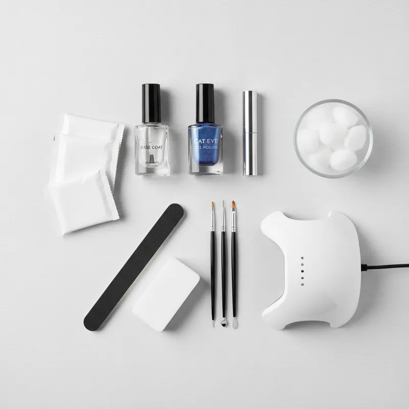 A flat lay of all the tools required for a DIY cat eye gel polish manicure, including base coat, top coat, cat eye gel polish, magnet, UV/LED lamp, na