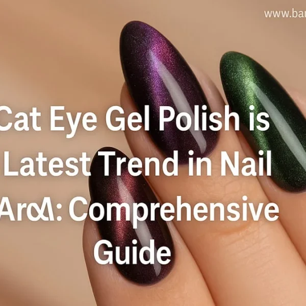 A close-up of a hand displaying oval-shaped nails with magnetic cat-eye gel polish in shimmering dark purple and deep green, each featuring a distinct light stripe. The image includes white text overlay: 'Why Cat Eye Gel Polish is the Latest Trend in Nail Art: Comprehensive Guide'.