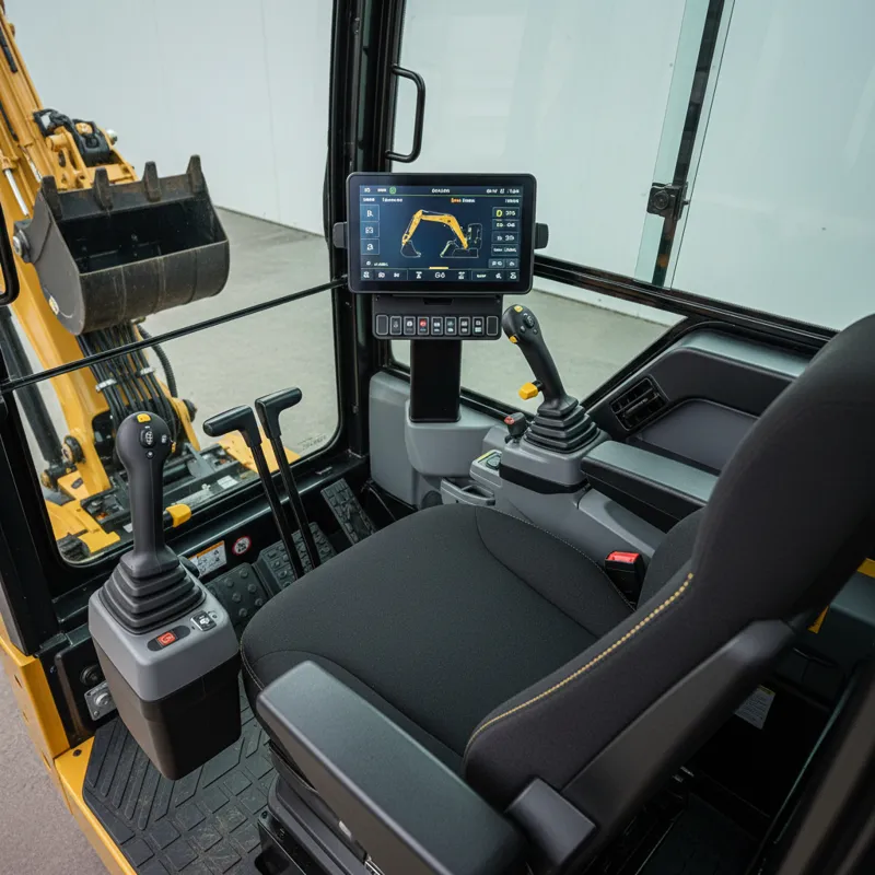 A close-up inside the modern, ergonomic cab of a Cat mini excavator, model 308 CR, showing the operator's seat, joystick controls, and a clear digital
