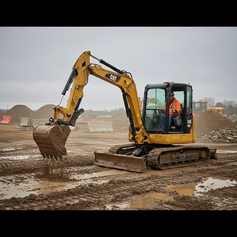 A Cat 301.8 mini excavator working reliably on a muddy construction site, demonstrating its robust build and dependable performance under challenging