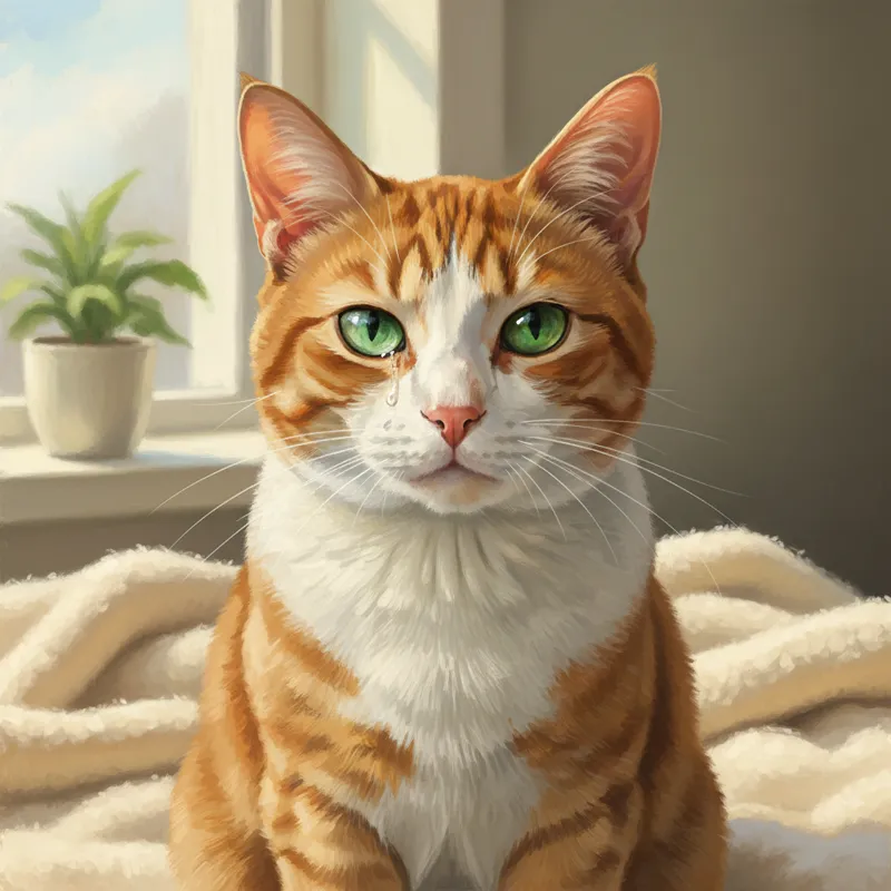 A domestic short-haired cat with slightly watery eyes and a hint of clear nasal discharge, looking somewhat uncomfortable but not severely ill. The ca
