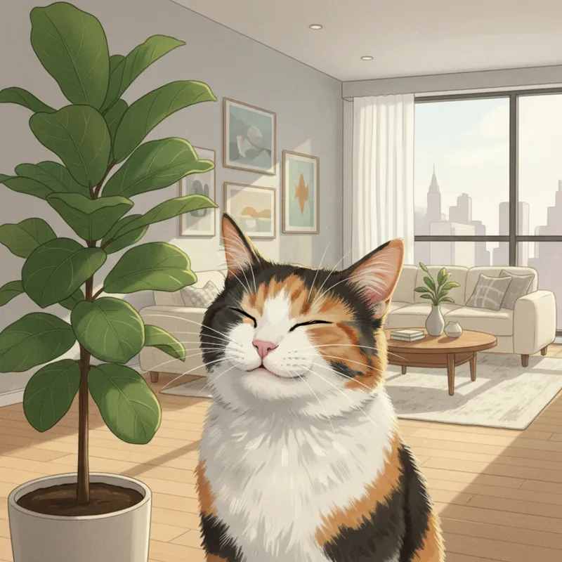 A cat sniffing a potted houseplant with a slight squint in its eyes, suggesting mild irritation or allergy. The background is a clean, modern home.