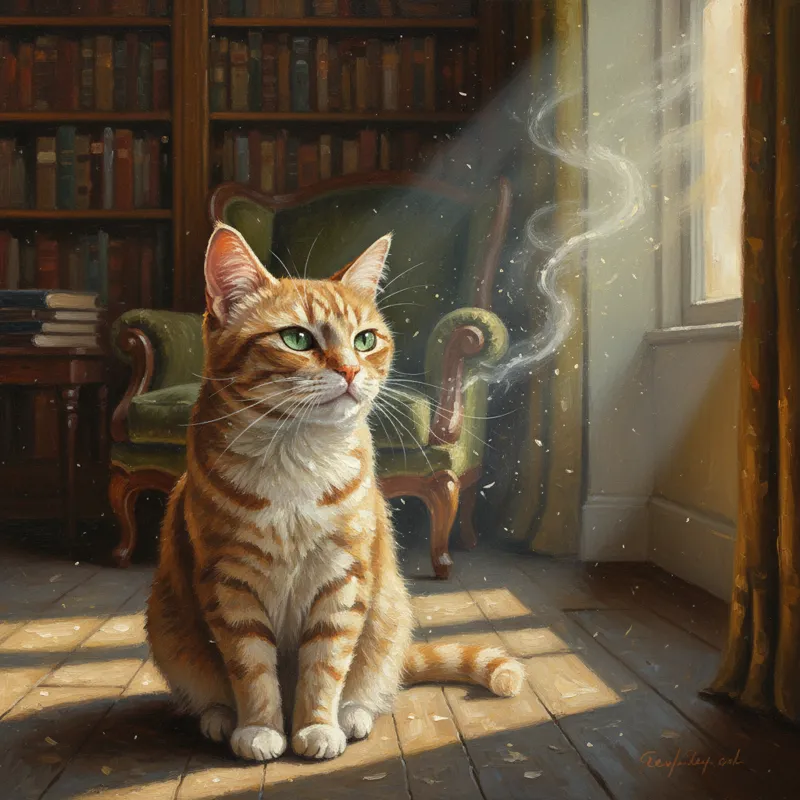 A cat looking with mild curiosity at a faint puff of dust or smoke in a sunbeam, with a slight, almost imperceptible squint. The setting is indoors.