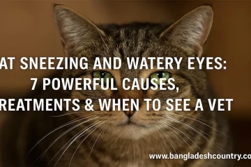 A close-up of a brown tabby cat with bright green eyes, looking directly at the camera. The image features overlay text that reads: 'CAT SNEEZING AND WATERY EYES: 7 POWERFUL CAUSES, TREATMENTS & WHEN TO SEE A VET'. It also includes the website URL www.bangladeshcountry.com.
