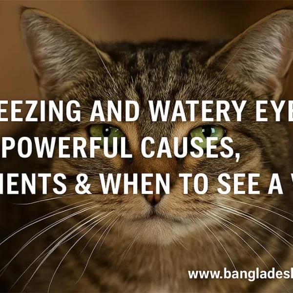 A close-up of a brown tabby cat with bright green eyes, looking directly at the camera. The image features overlay text that reads: 'CAT SNEEZING AND WATERY EYES: 7 POWERFUL CAUSES, TREATMENTS & WHEN TO SEE A VET'. It also includes the website URL www.bangladeshcountry.com.