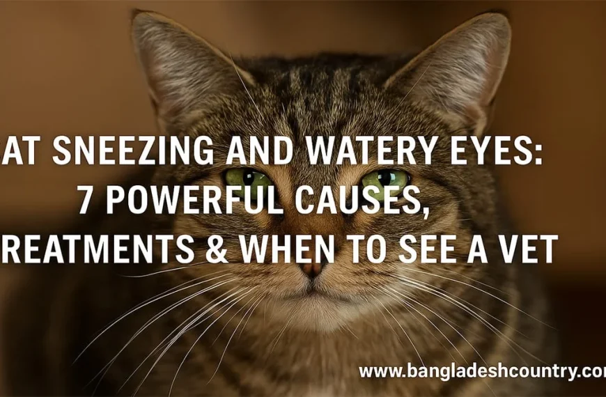 A close-up of a brown tabby cat with bright green eyes, looking directly at the camera. The image features overlay text that reads: 'CAT SNEEZING AND WATERY EYES: 7 POWERFUL CAUSES, TREATMENTS & WHEN TO SEE A VET'. It also includes the website URL www.bangladeshcountry.com.