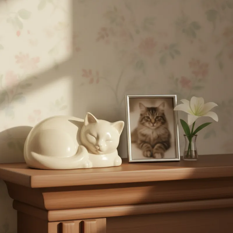A warm, soft-focus image of a serene cat urn on a mantelpiece, surrounded by a subtle photo frame and a small, delicate flower, emphasizing peace and