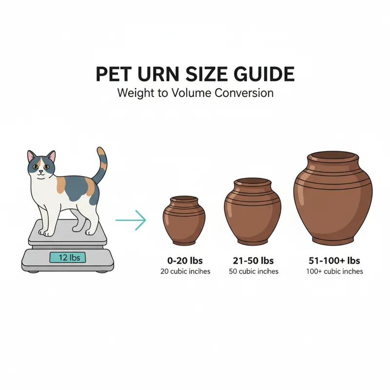A clear infographic or diagram illustrating how to calculate urn size based on pet weight, showing a cat on a scale and different sized urns with cubi