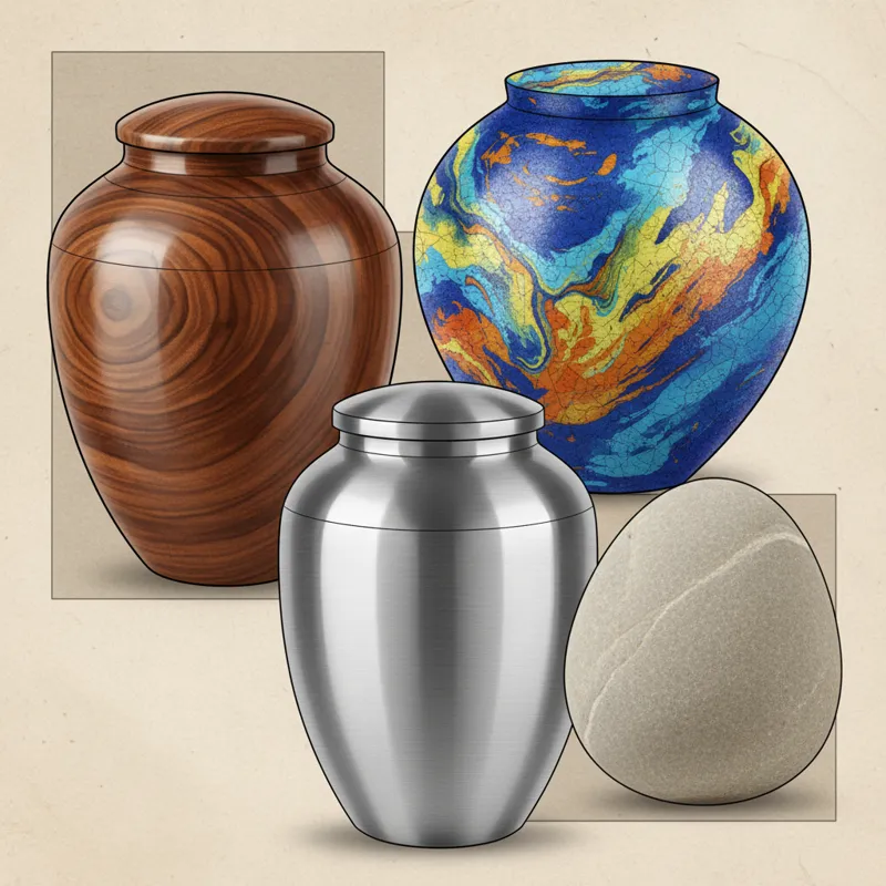 A collage of different urn materials: a polished wooden urn, a vibrant ceramic urn, a sleek metal urn, and a smooth stone urn, showcasing their distin