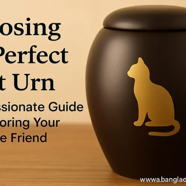 Black pet urn with a gold cat silhouette, next to the text 'Choosing the Perfect Cat Urn: A Compassionate Guide to Honoring Your Feline Friend'. The image represents a pet memorial or cremation guide.