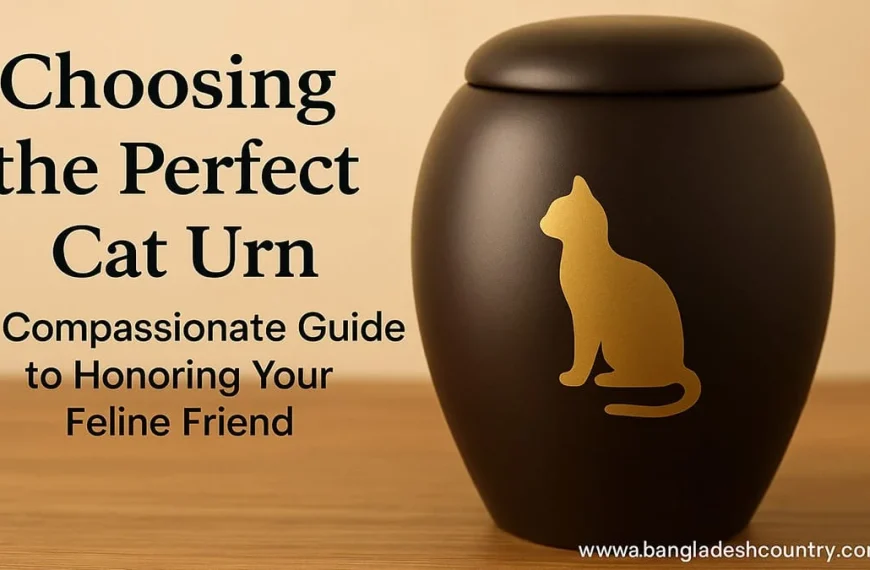 Black pet urn with a gold cat silhouette, next to the text 'Choosing the Perfect Cat Urn: A Compassionate Guide to Honoring Your Feline Friend'. The image represents a pet memorial or cremation guide.