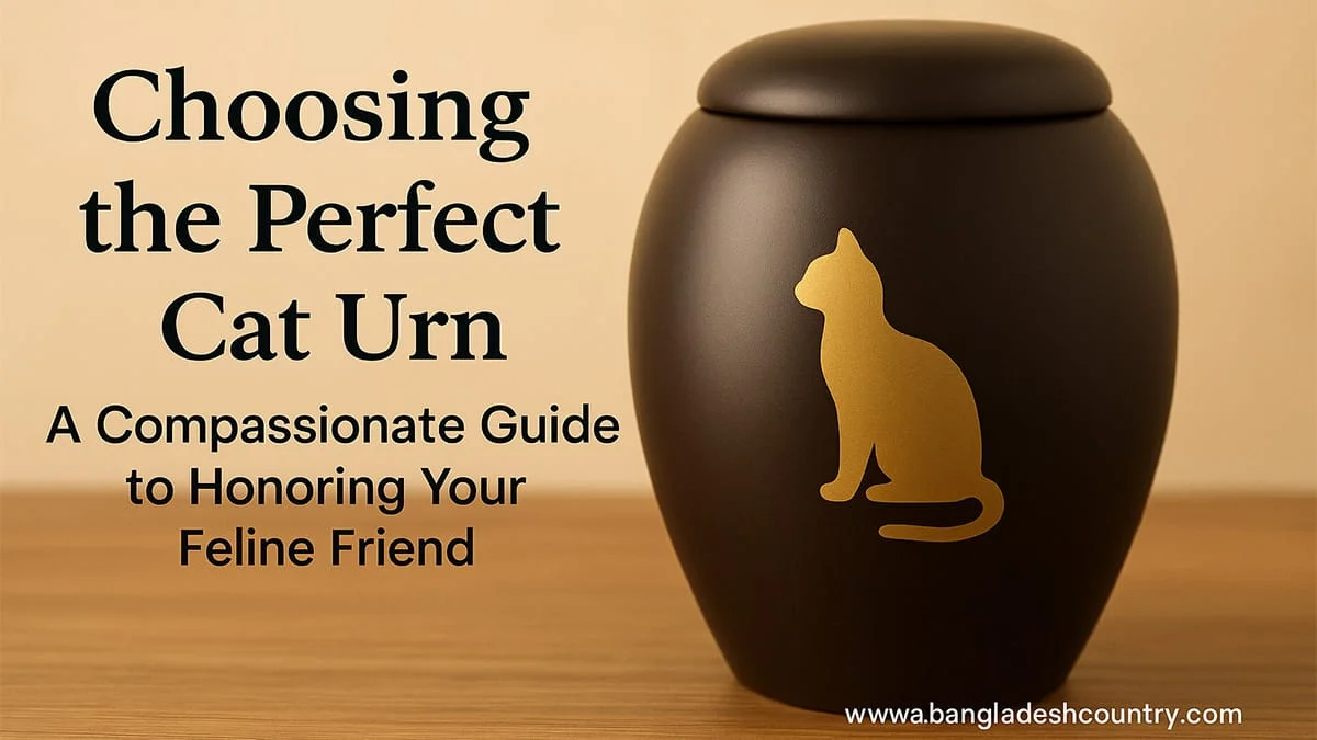 Black pet urn with a gold cat silhouette, next to the text 'Choosing the Perfect Cat Urn: A Compassionate Guide to Honoring Your Feline Friend'. The image represents a pet memorial or cremation guide.