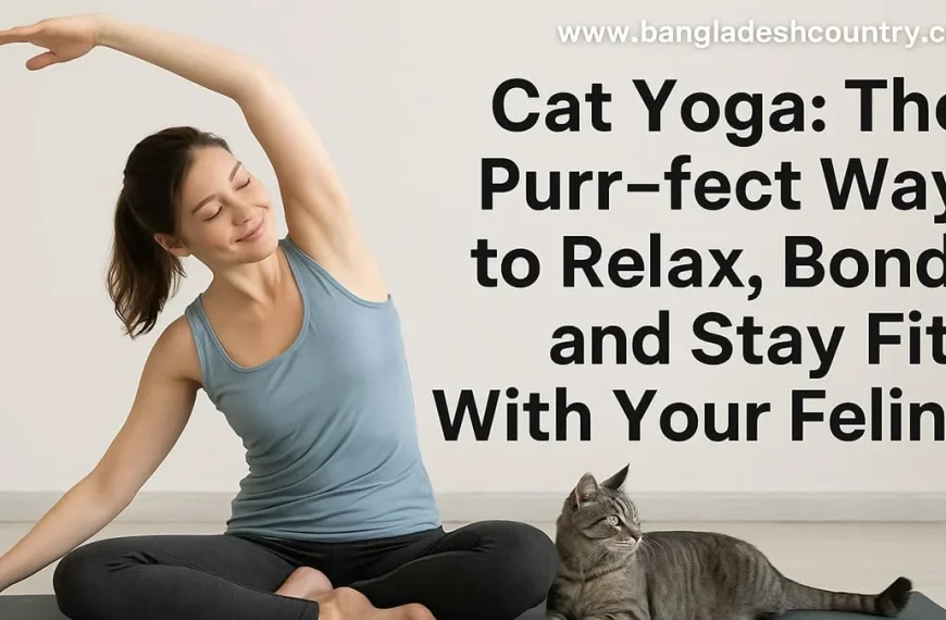 Woman in a blue tank top and dark leggings doing a gentle side stretch on a yoga mat next to a gray tabby cat. The text on the image reads 'Cat Yoga: The Purr-fect Way to Relax, Bond, and Stay Fit With Your Feline'.