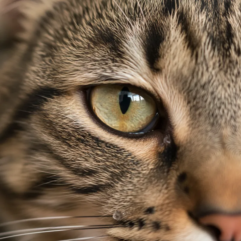 A close-up image of a cat's eye showing mild redness and clear discharge, looking concerned but not in severe pain.
