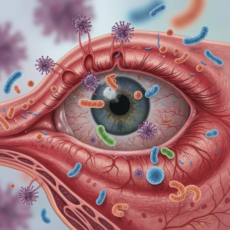 An illustration depicting various microscopic pathogens (viruses, bacteria) causing eye inflammation in a cat.