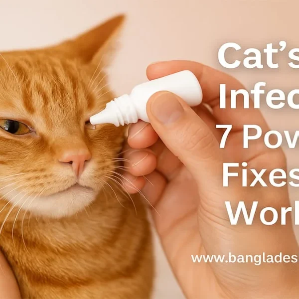 Orange tabby cat receiving eye drops from a human hand for an eye infection treatment.