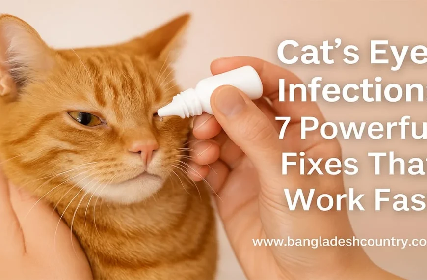 Orange tabby cat receiving eye drops from a human hand for an eye infection treatment.