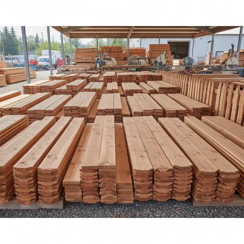 A diverse array of cedar fence pickets, showcasing different grades (clear, knotty), cuts (dog-ear, flat-top, gothic), and widths, stacked neatly in a